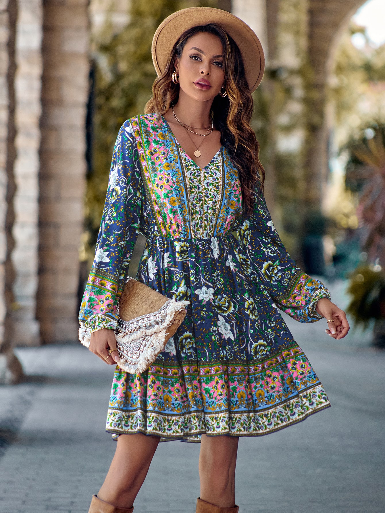 Robe Imprimée à Col V et Manches Longues