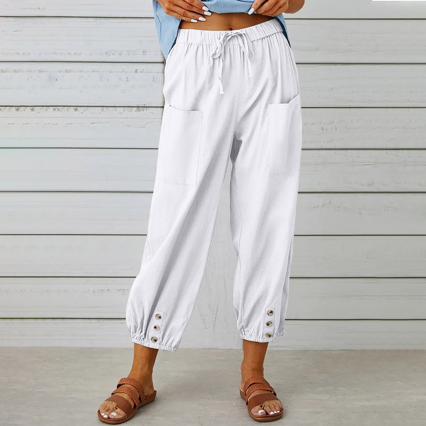 Pantalon Léger Femme en Lin & Coton avec Poches