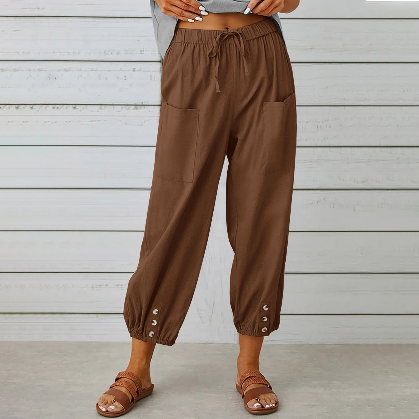 Pantalon Léger Femme en Lin & Coton avec Poches