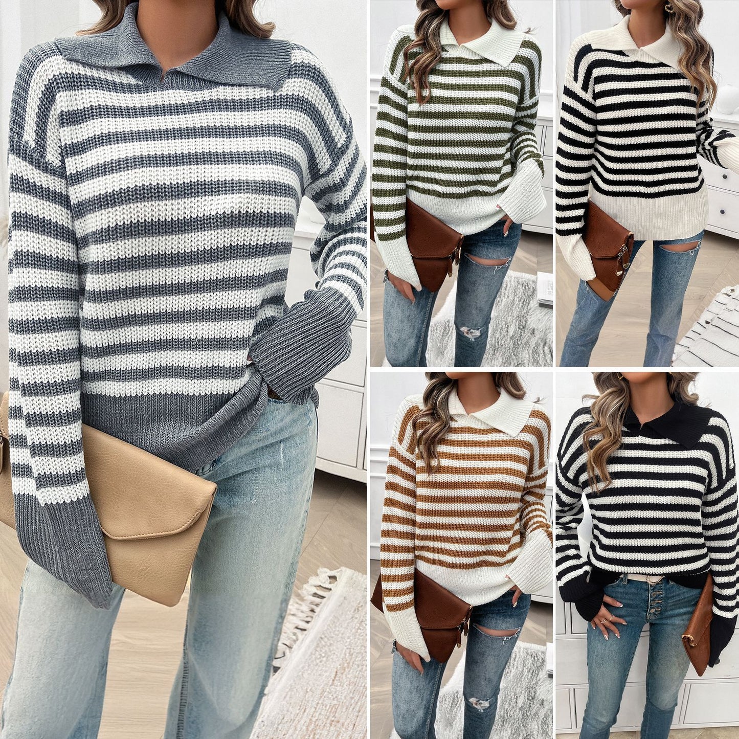 Top Femme Décontracté – Col Revers & Manches Longues Rayé