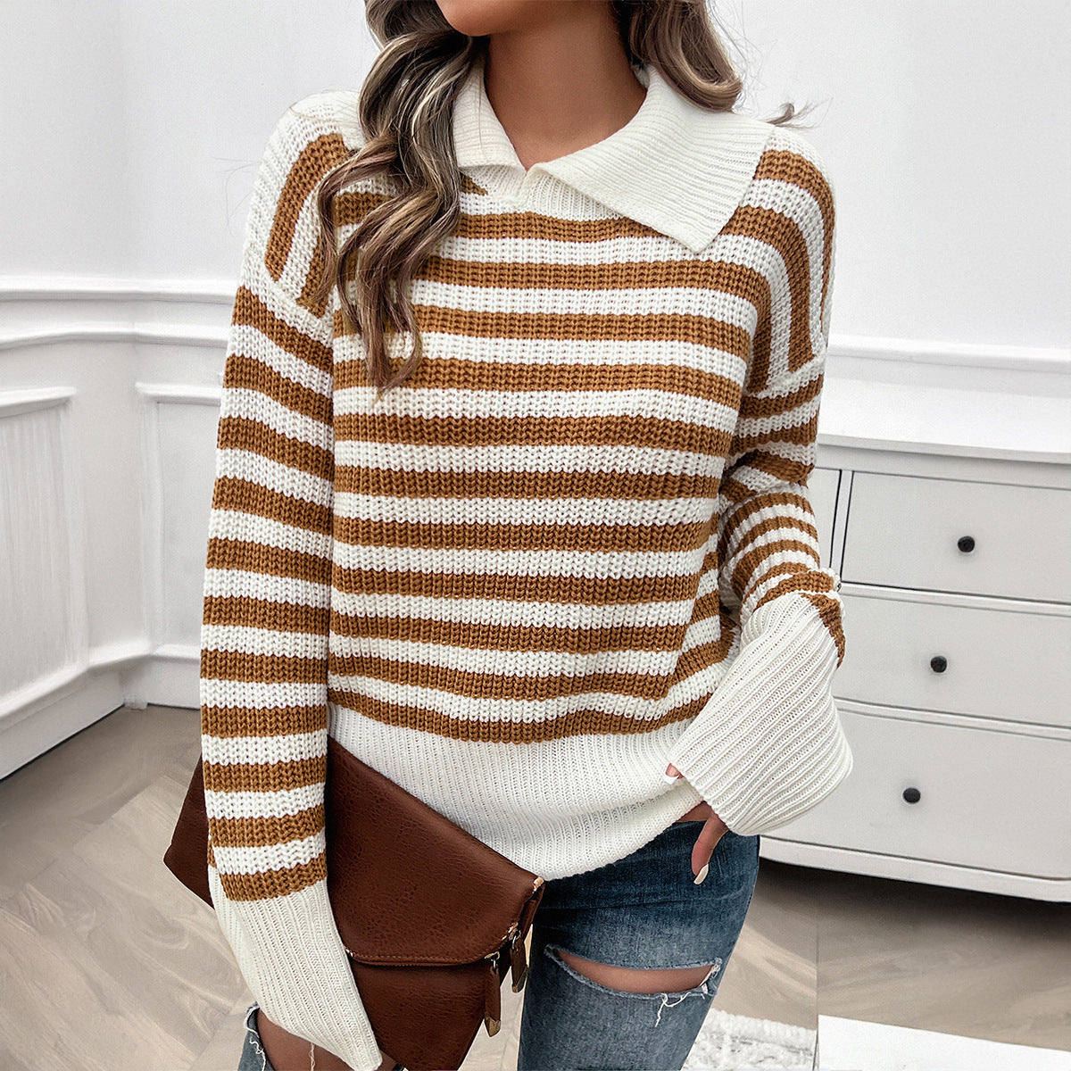 Top Femme Décontracté – Col Revers & Manches Longues Rayé