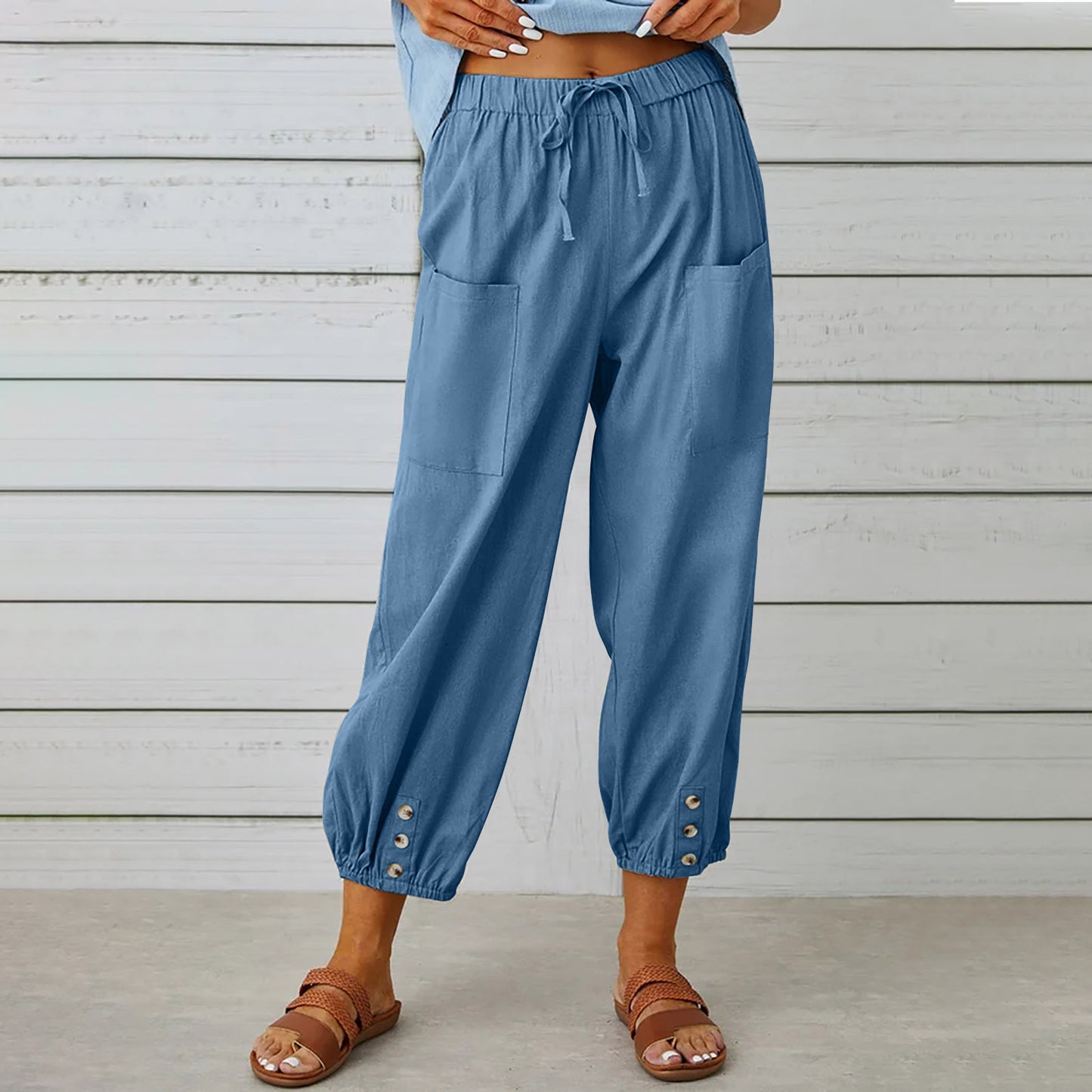 Pantalon Léger Femme en Lin & Coton avec Poches