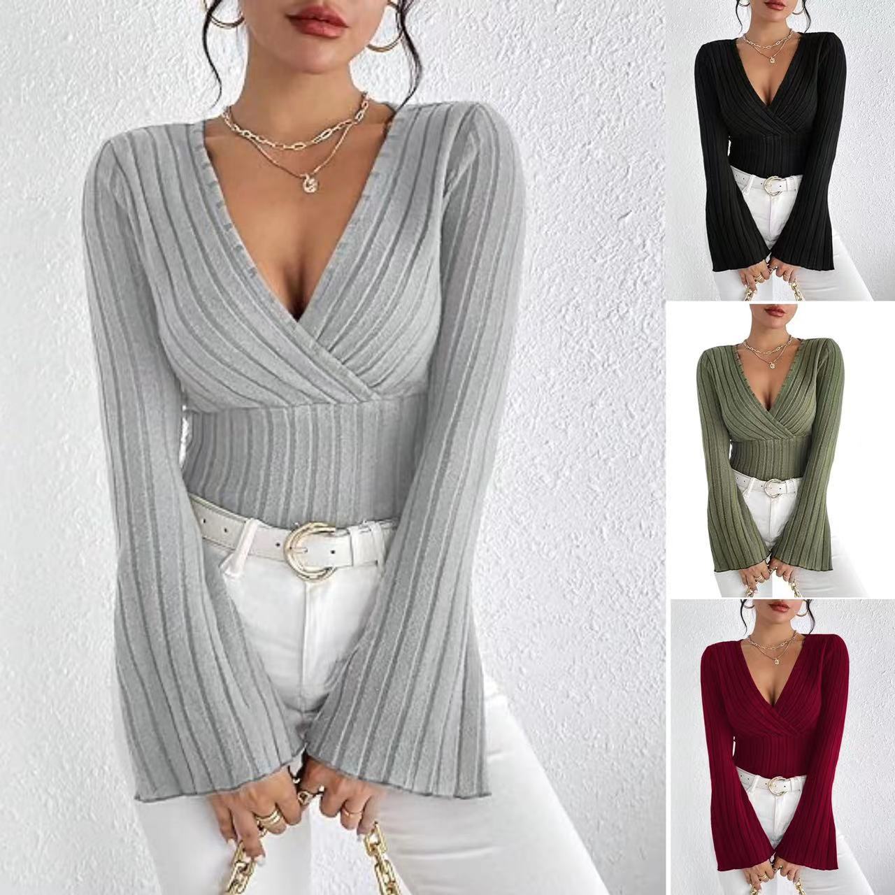 Haut Femme Élégant à Rayures – Col V & Manches Longues