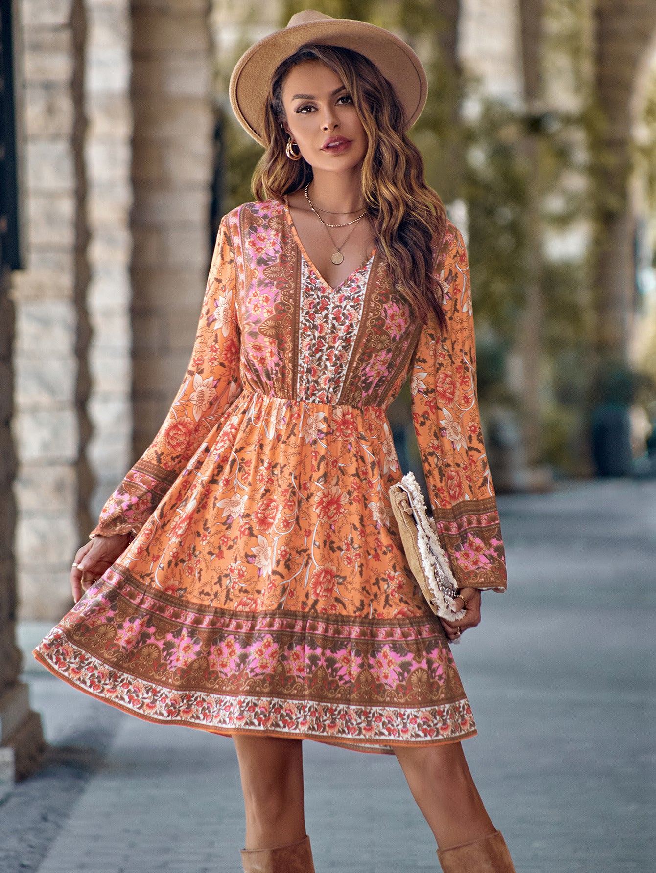 Robe Imprimée à Col V et Manches Longues