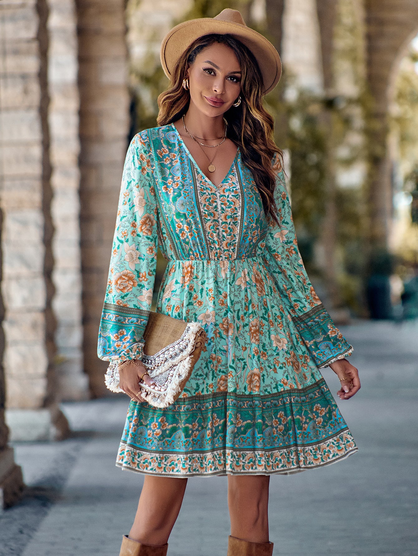 Robe Imprimée à Col V et Manches Longues