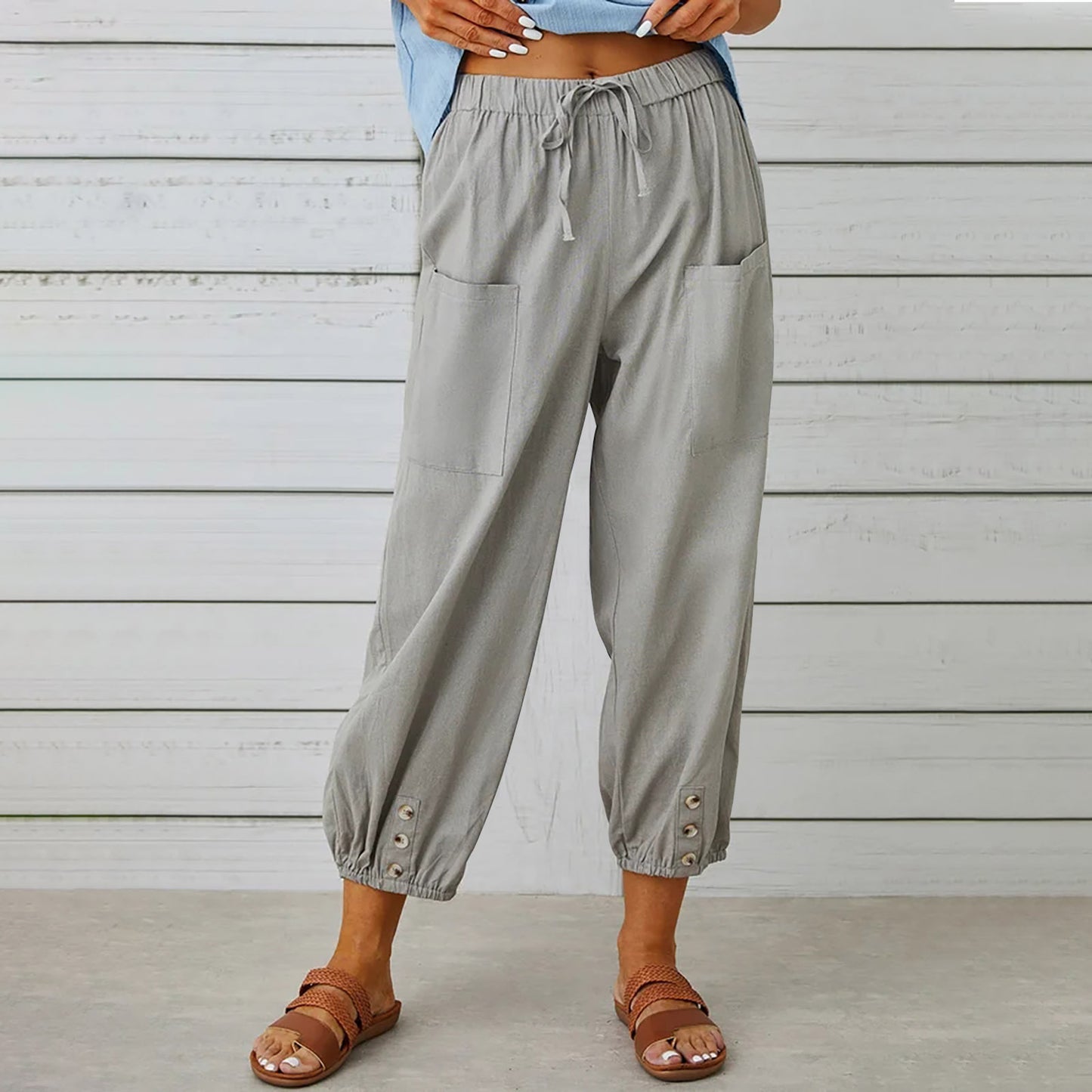 Pantalon Léger Femme en Lin & Coton avec Poches