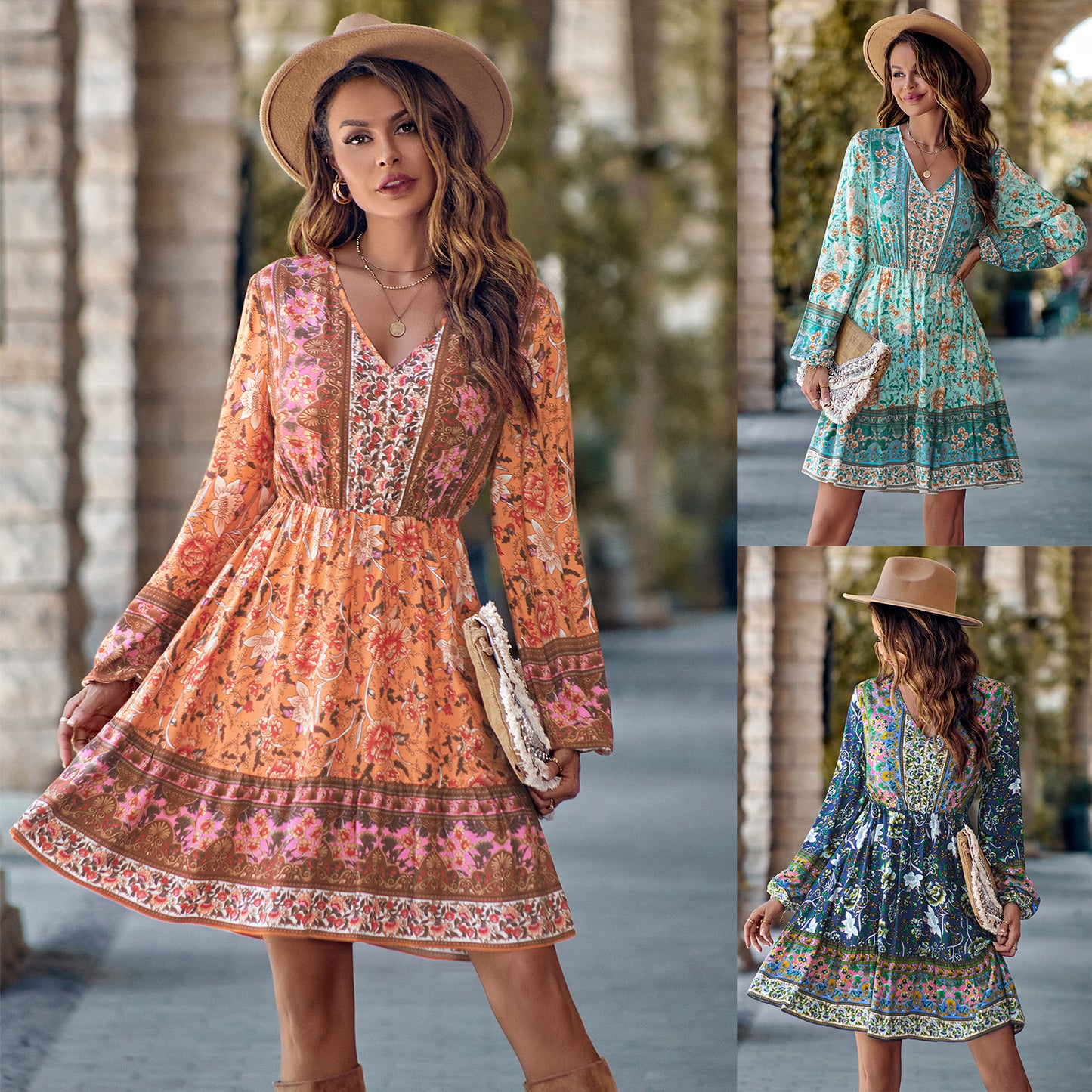 Robe Imprimée à Col V et Manches Longues