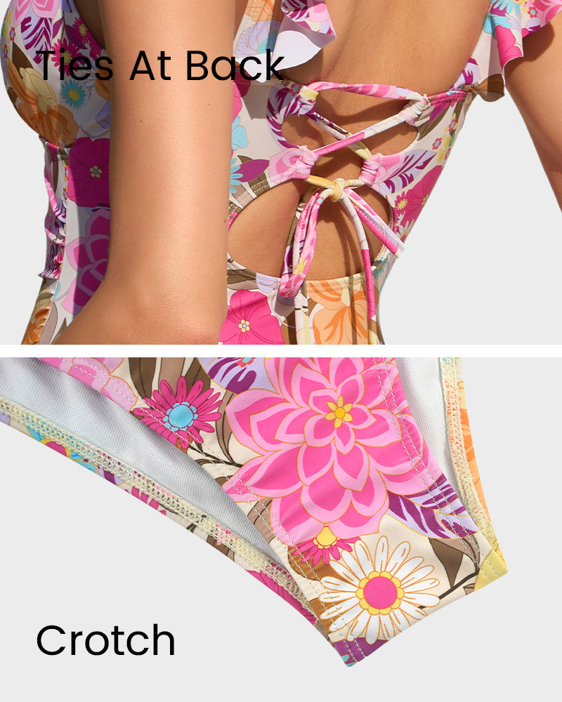 One-Piece Floral Swimsuit with Deep V-Neckline and Ruffled Details