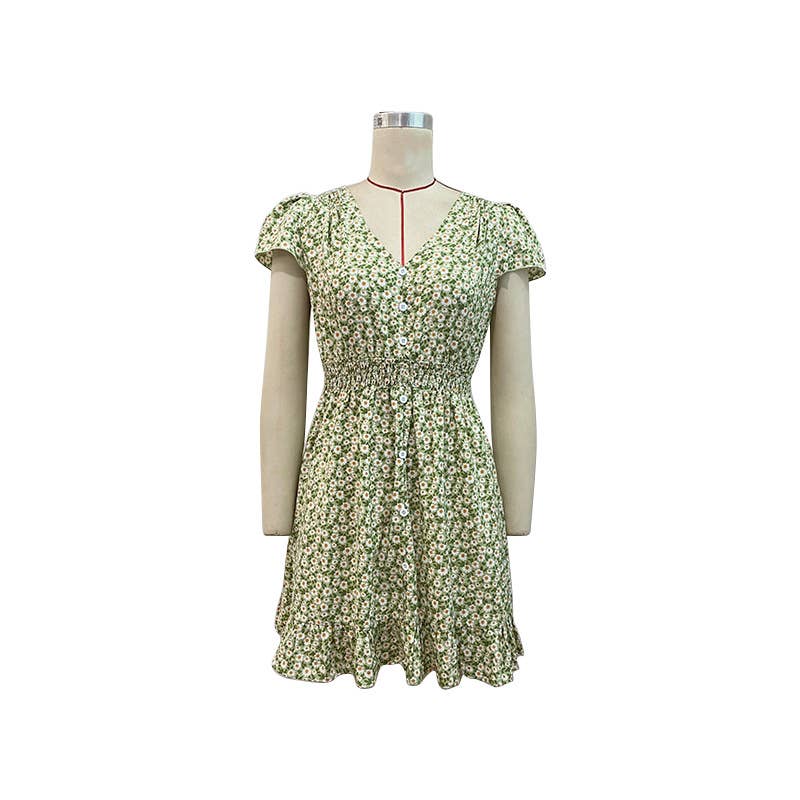 Vestito corto fiorito con scollo a V allacciato al collo – Allacciato al collo