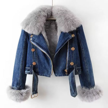 Manteau Denim à Fourrure Amovible – Chic & Chaleureux