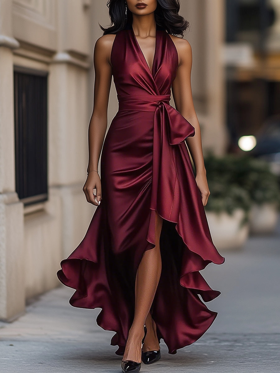 Robe Longue Satin Halter Volants Décolleté Plongeant Invitée Mariage – Mooyius