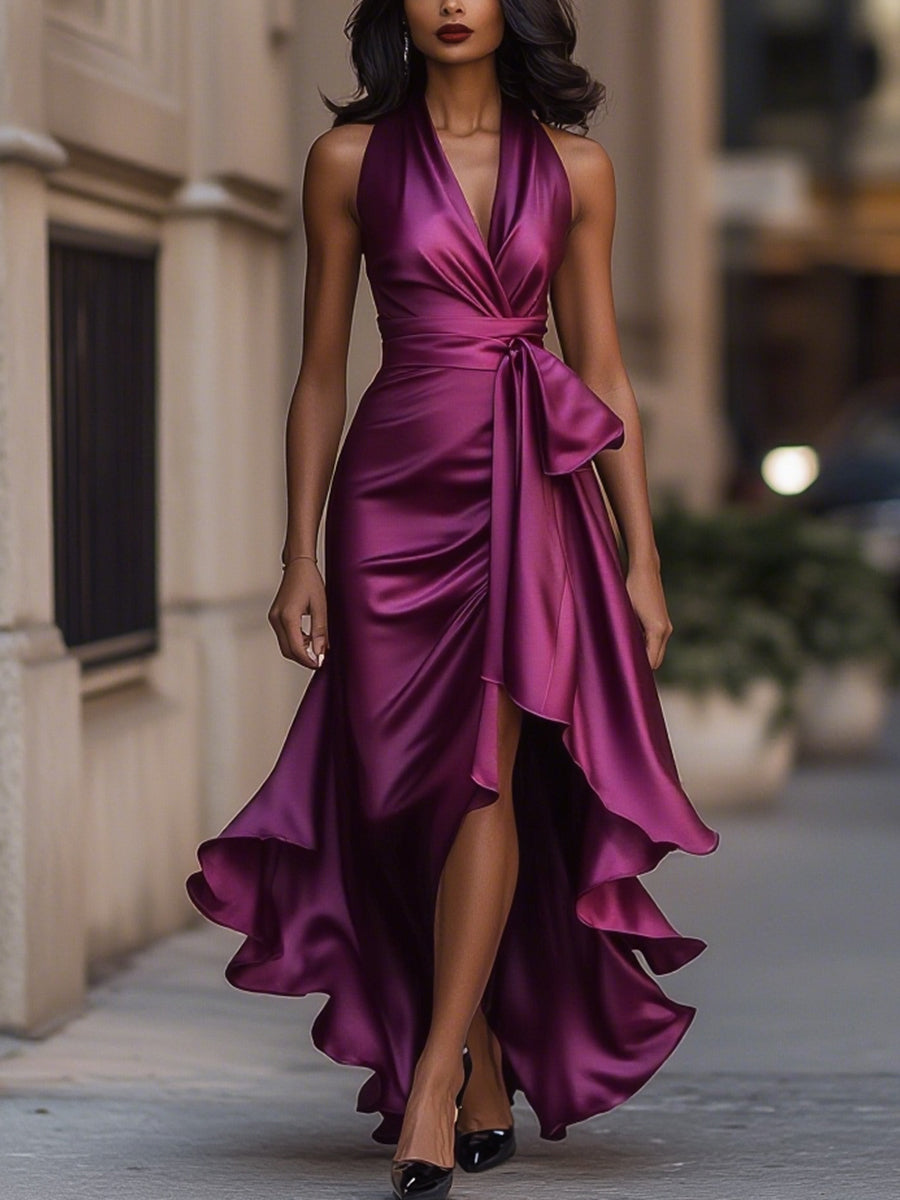 Robe Longue Satin Halter Volants Décolleté Plongeant Invitée Mariage – Mooyius