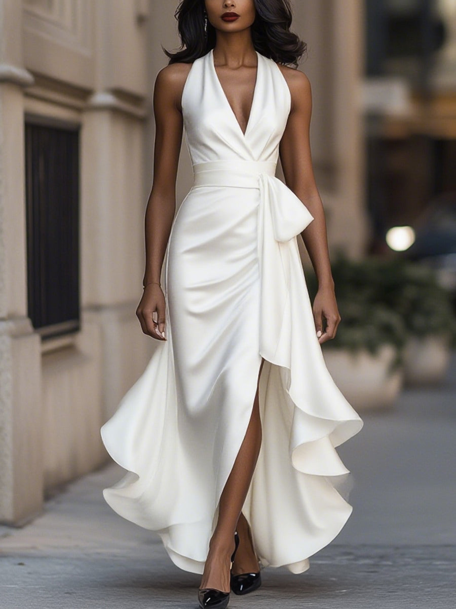 Robe Longue Satin Halter Volants Décolleté Plongeant Invitée Mariage – Mooyius