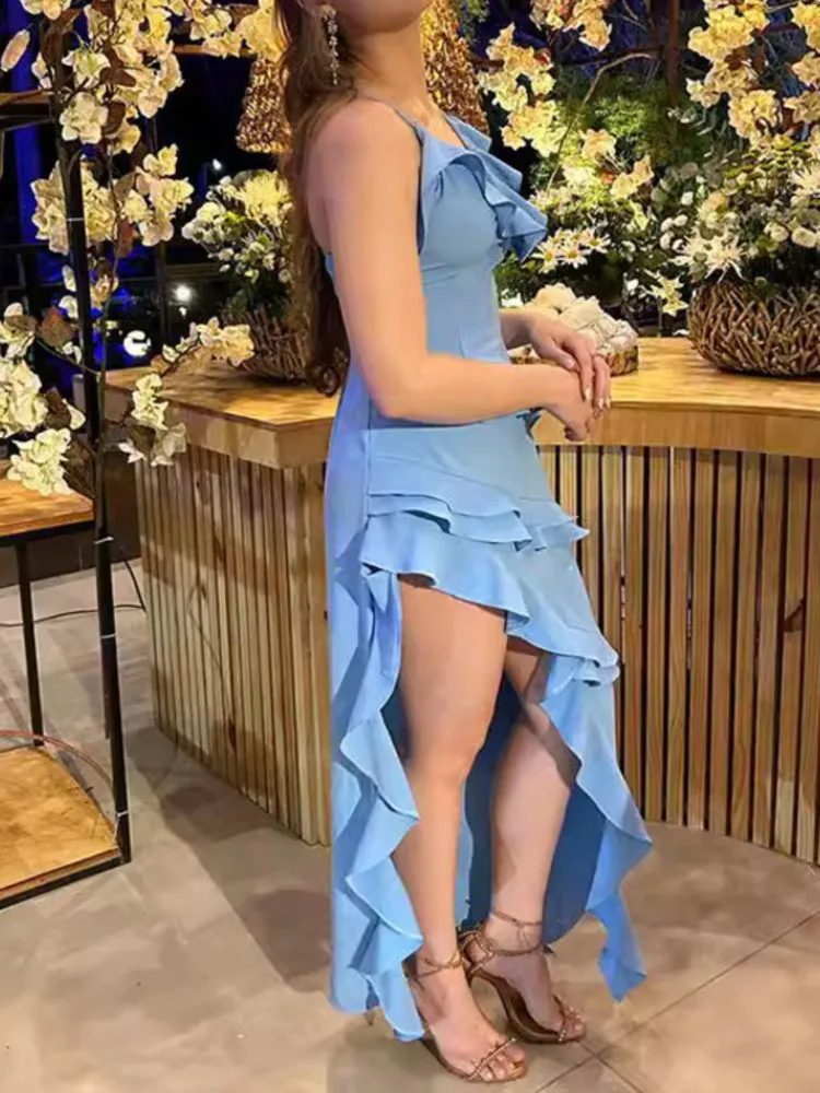 Long Evening Dress for Women with Slit and Ruffles – Elegant Style