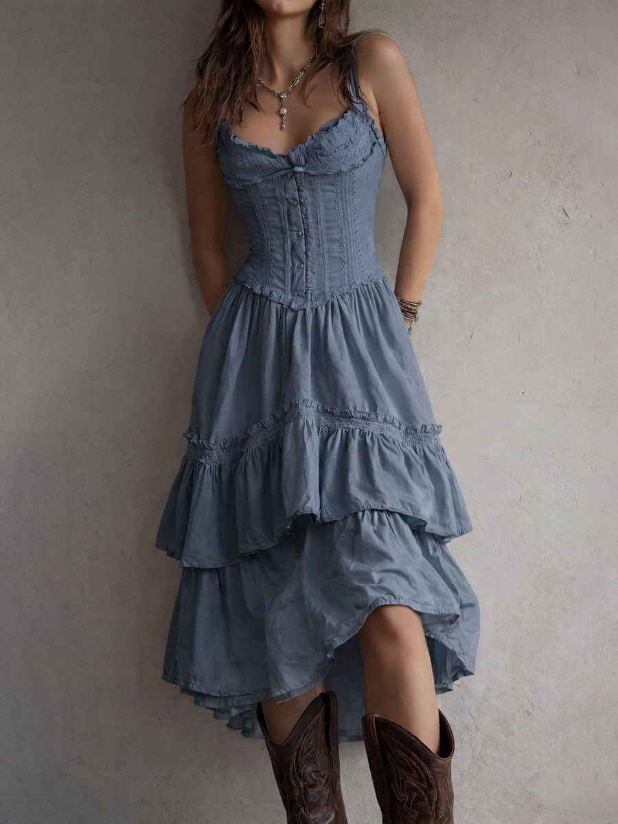 Vestido de verano midi acampanado para mujer retro boho corsé encaje volantes tirantes finos blanco brillante – encaje vintage