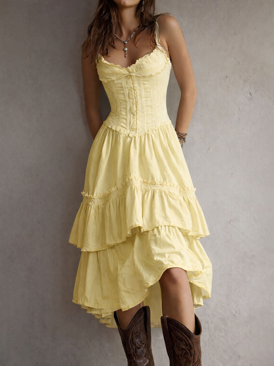 Vestido de verano midi acampanado para mujer retro boho corsé encaje volantes tirantes finos blanco brillante – encaje vintage