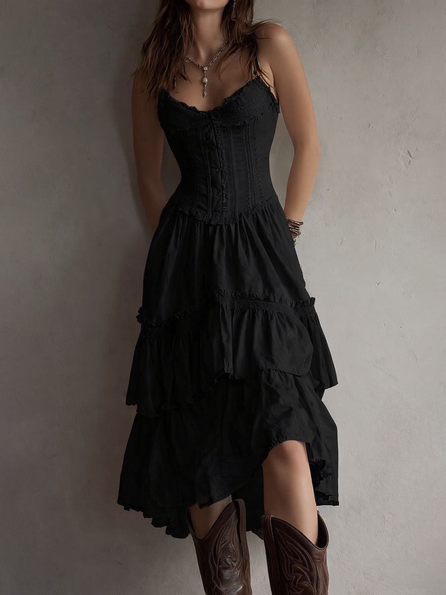 Vestido de verano midi acampanado para mujer retro boho corsé encaje volantes tirantes finos blanco brillante – encaje vintage