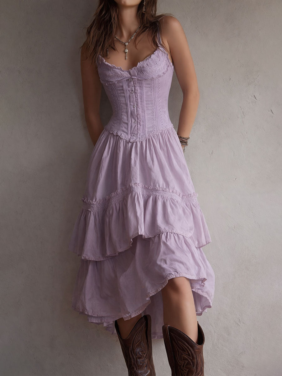 Vestido de verano midi acampanado para mujer retro boho corsé encaje volantes tirantes finos blanco brillante – encaje vintage