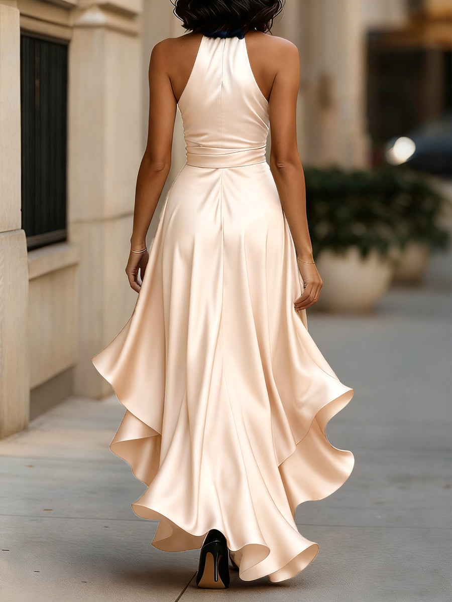 Robe Longue Satin Halter Volants Décolleté Plongeant Invitée Mariage – Mooyius