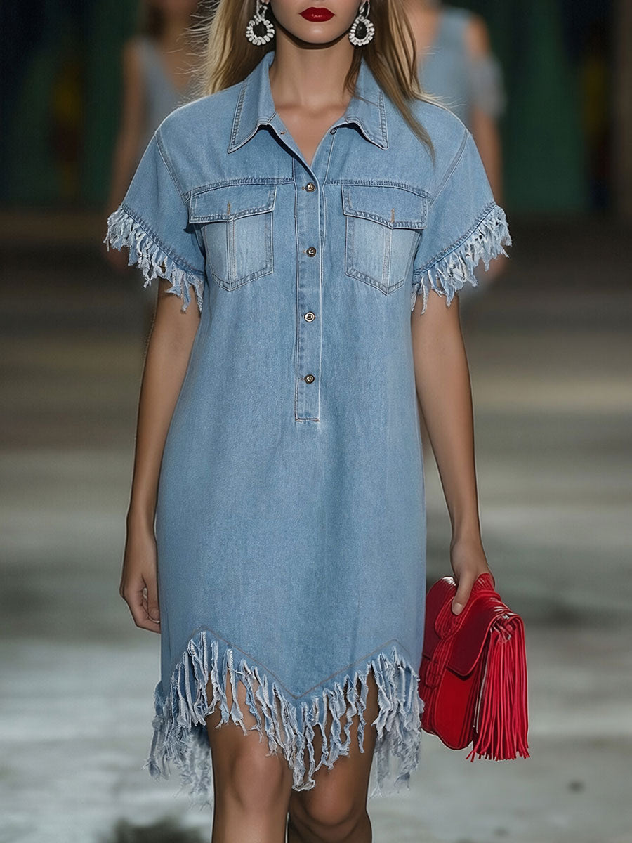 Robe Mini Décontractée Femme à Manches Courtes en Denim Vintage Ample avec Franges – Style Casual