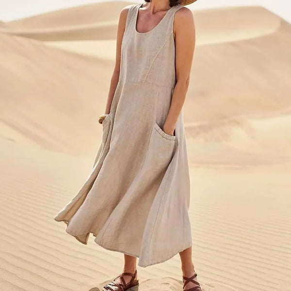 Vestido largo de verano de lino fluido para mujer, corte relajado sin mangas con bolsillos – Colección Estival