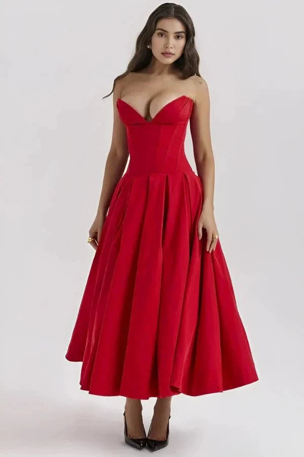 Robe Invitée de Mariage Midi Femme Corsage Sculpté Baleines Jupe Volumineuse Élégante Noire – Laarni