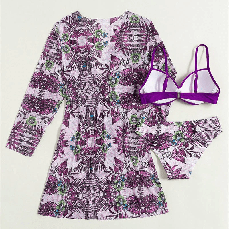 Women's Floral Bikini Beach Vacation 3-Piece Set with Cover-Up Dress Green Purple – Beach Flowers