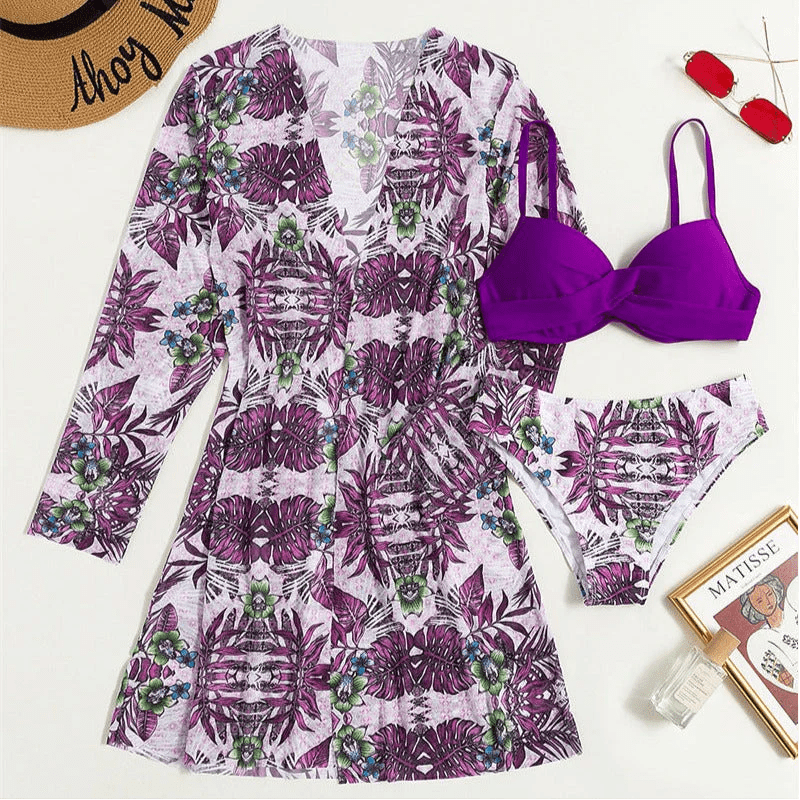 Women's Floral Bikini Beach Vacation 3-Piece Set with Cover-Up Dress Green Purple – Beach Flowers