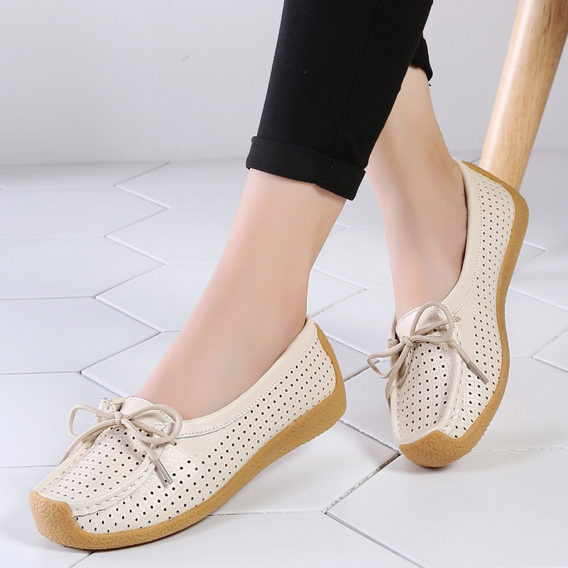 Zapatos Mocasín Ortopédicos Mujer Diario Oficina Perforados Suela Confort Cuero Beige Negro Azul – Confort Elegante