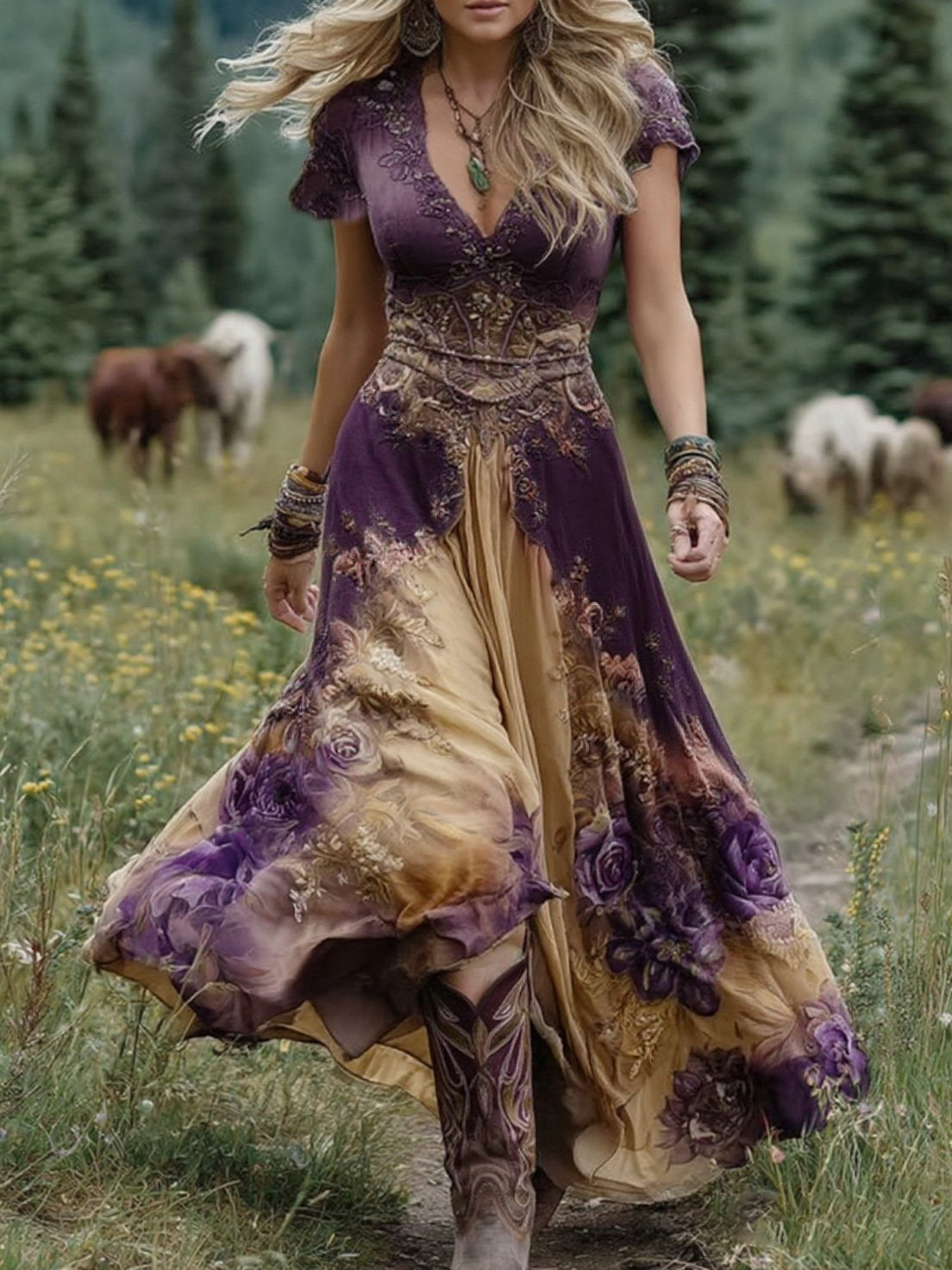 Robe Longue Bohème Femme Dégradé Imprimé Mixte Décolleté en V Manches Courtes Taille Définie Fluide – Aquarelle