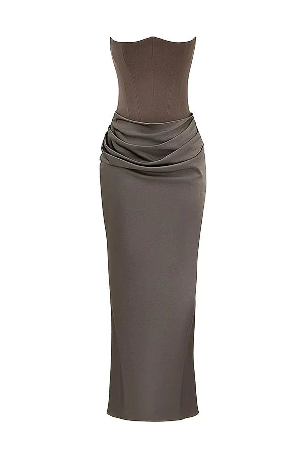 Robe Invitée de Mariage Soirée Longue Femme Satin Corset Sans Bretelles Coupe Sirène Ourlet Sol Taupe – Sloane