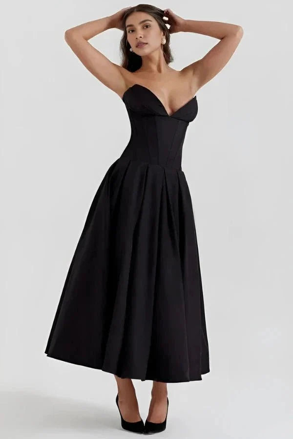 Robe Invitée de Mariage Midi Femme Corsage Sculpté Jupe Volumineuse Élégante Noire – Laarni