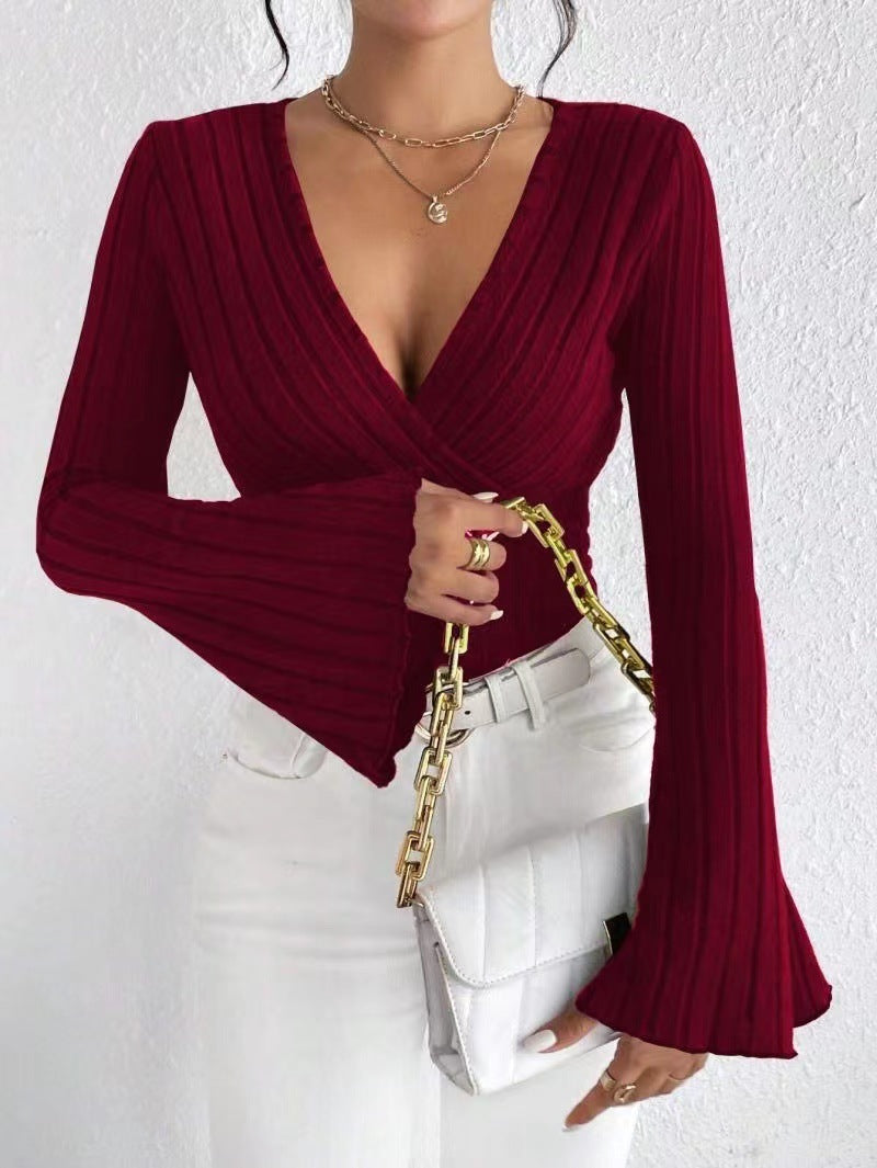 Top Mujer Elegante a Rayas – Cuello en V y Mangas Largas