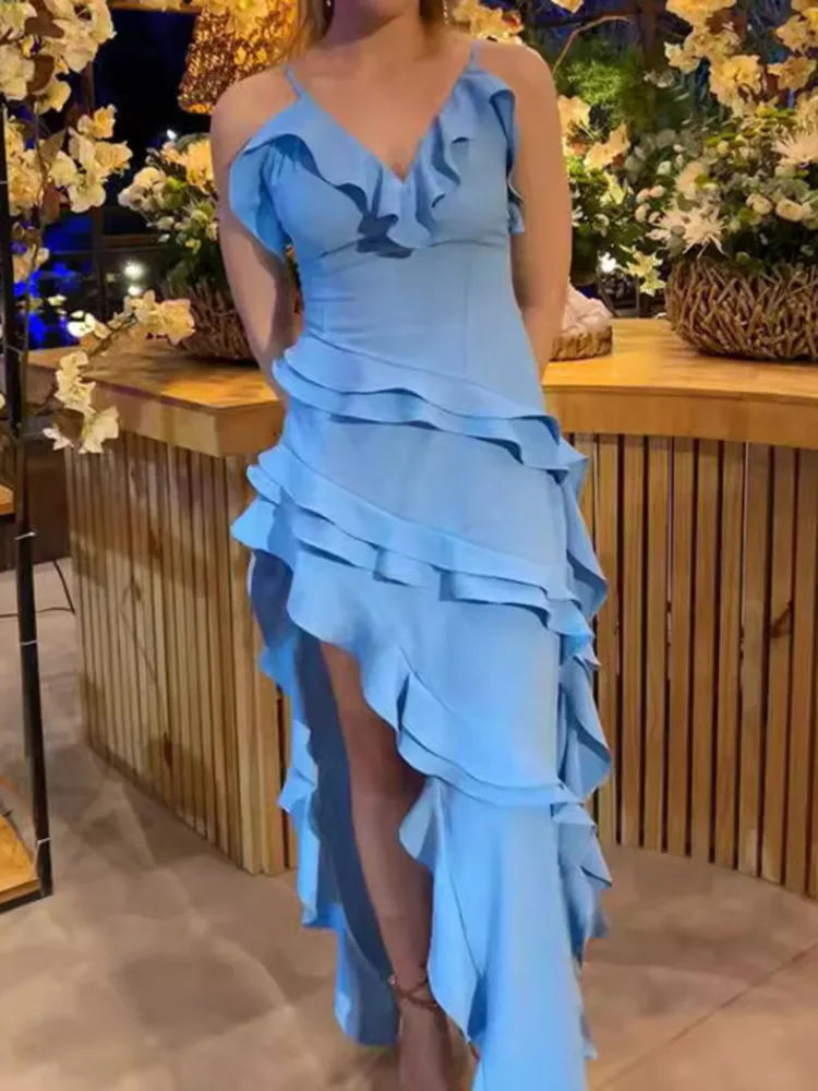 Abito da Sera Lungo Donna con Spacco e Balze – Stile Elegante