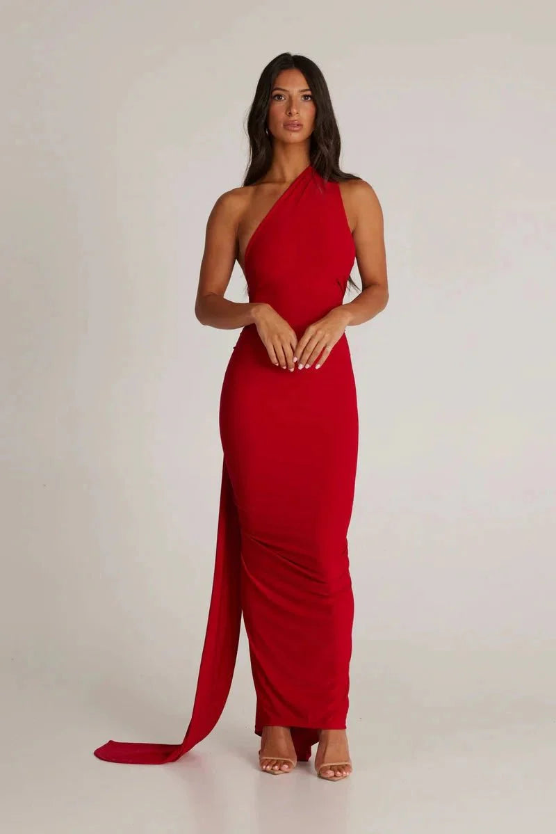 Robe Invitée de Mariage Longue Femme Une Épaule Sans Dos Boucle Foulard Ajustable Noire – Gwynn