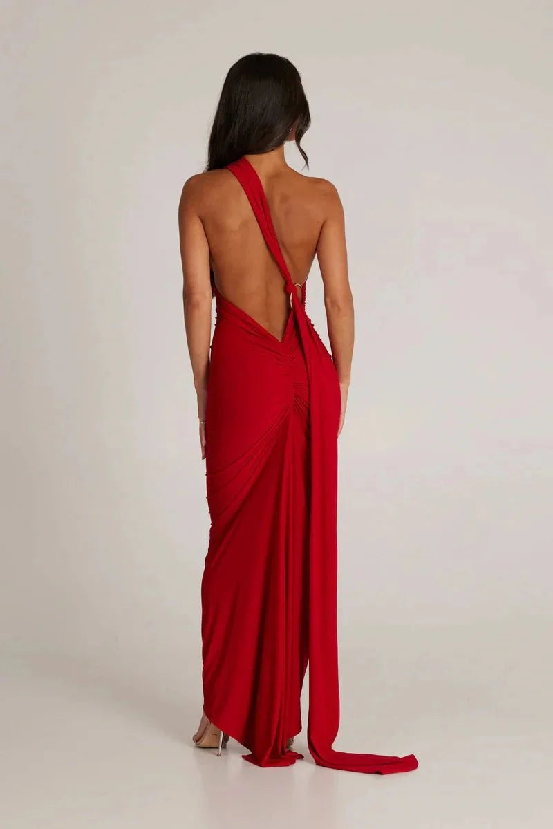 Robe Invitée de Mariage Longue Femme Une Épaule Sans Dos Boucle Foulard Ajustable Noire – Gwynn