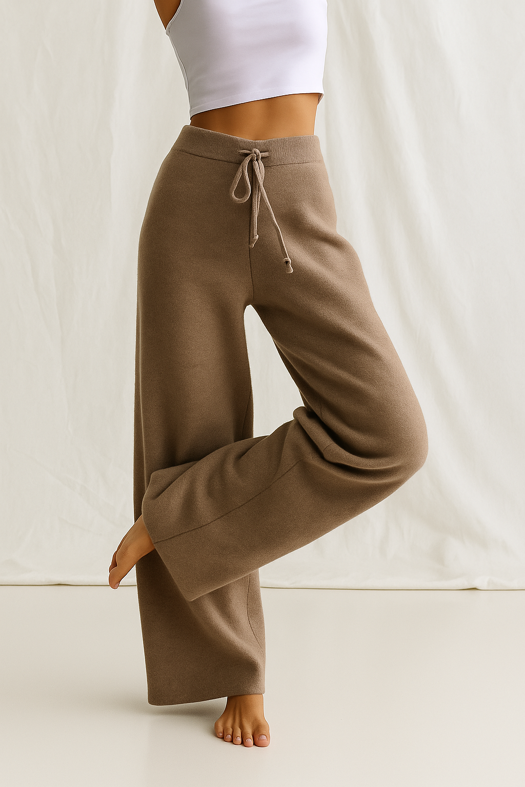 Knitted Pants Cashmere Look – Soft Lounge Pants with Wide Legs in Taupe