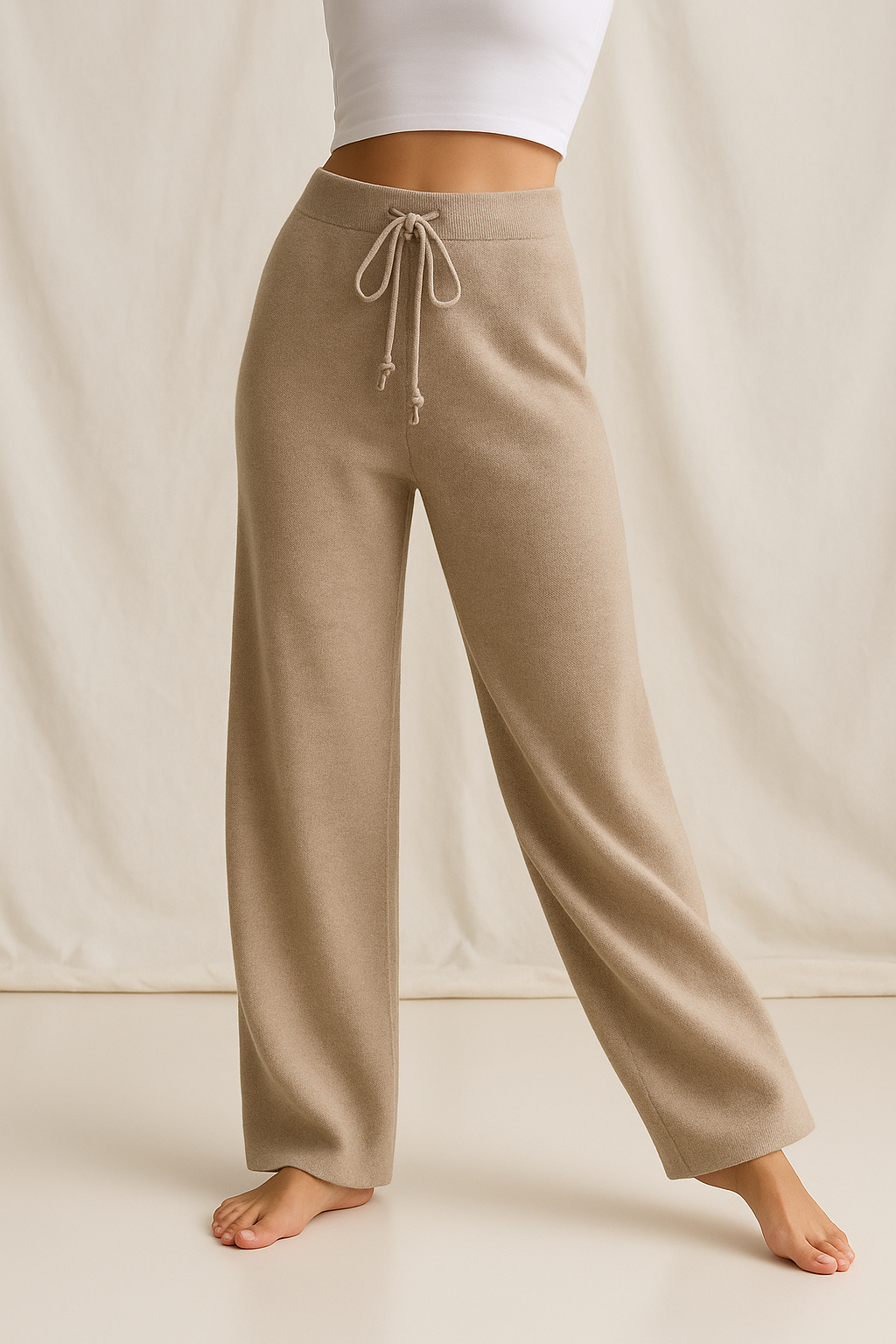 Knitted Pants Cashmere Look – Soft Lounge Pants with Wide Legs in Taupe