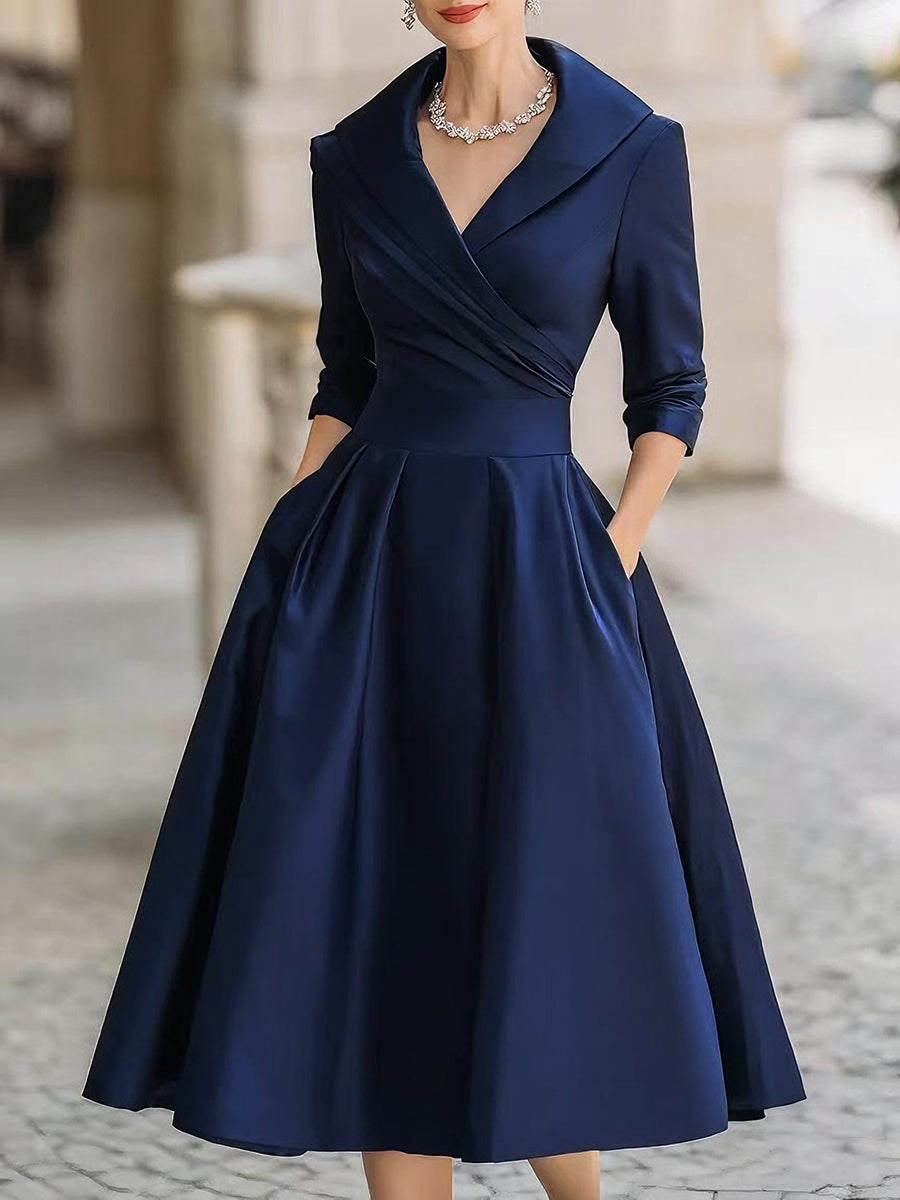Robe de Soirée Midi Femme Satin Col Drapé Coupe Ajustée Vintage Bleu Marine – Mooyius