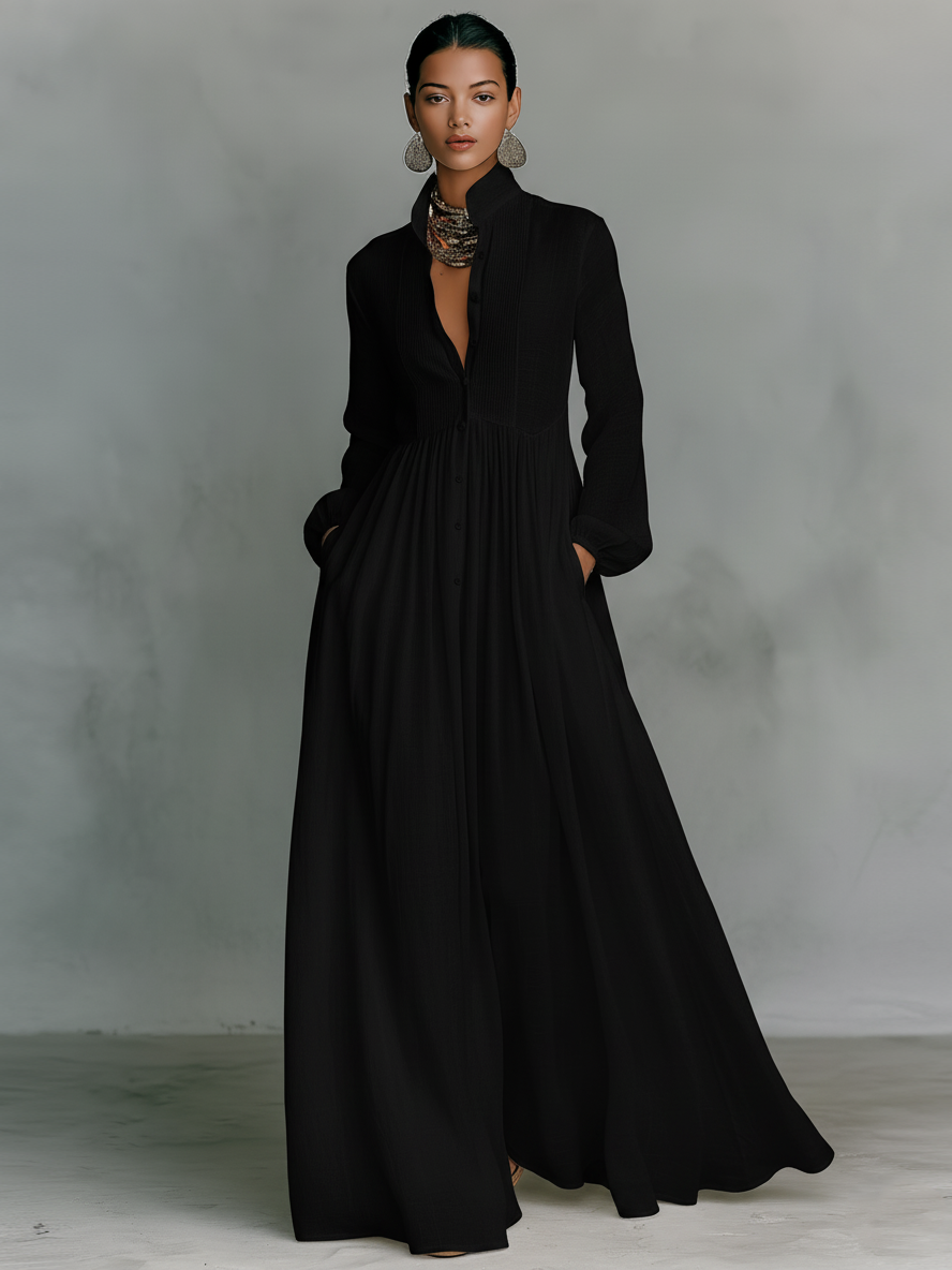 Robe Longue Femme en Coton Lin Manches Longues Col Montant Coupe Droite – Naturelle