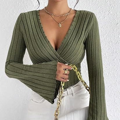Top Mujer Elegante a Rayas – Cuello en V y Mangas Largas