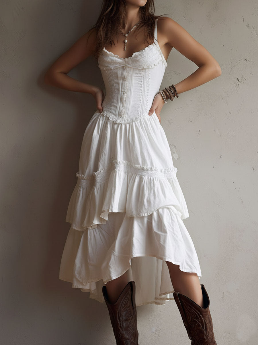 Vestido de verano midi acampanado para mujer retro boho corsé encaje volantes tirantes finos blanco brillante – encaje vintage