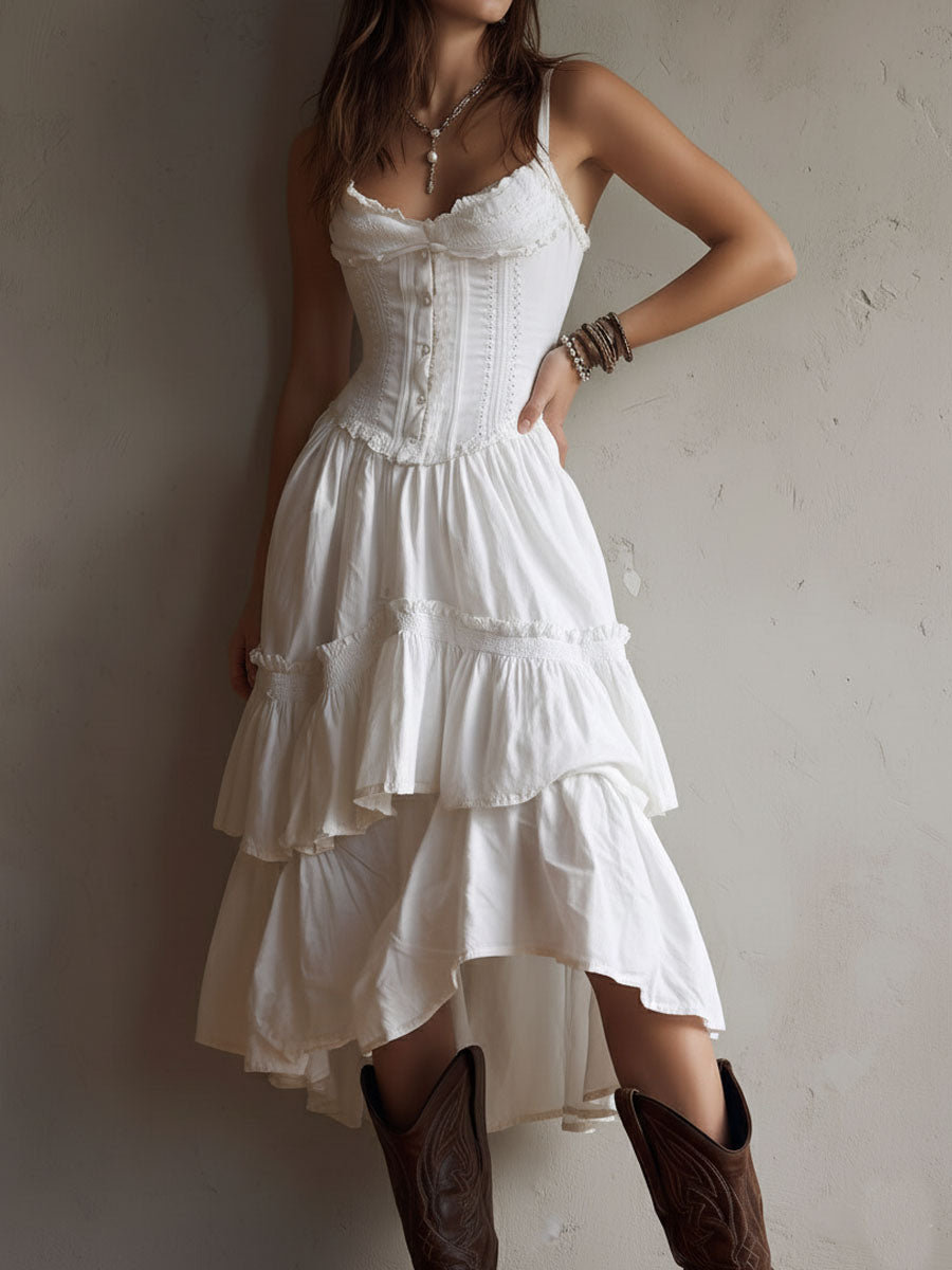 Vestido de verano midi acampanado para mujer retro boho corsé encaje volantes tirantes finos blanco brillante – encaje vintage