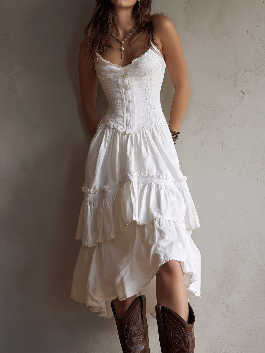 Vestido de verano midi acampanado para mujer retro boho corsé encaje volantes tirantes finos blanco brillante – encaje vintage