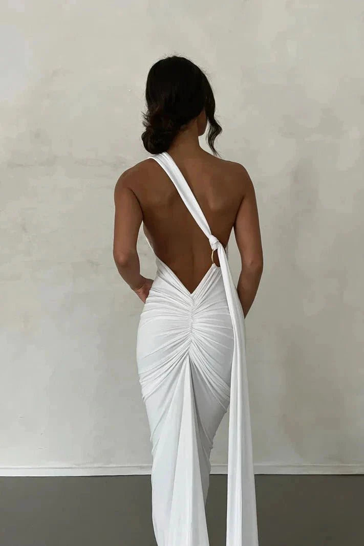 Robe Invitée de Mariage Longue Femme Une Épaule Sans Dos Boucle Foulard Ajustable Noire – Gwynn