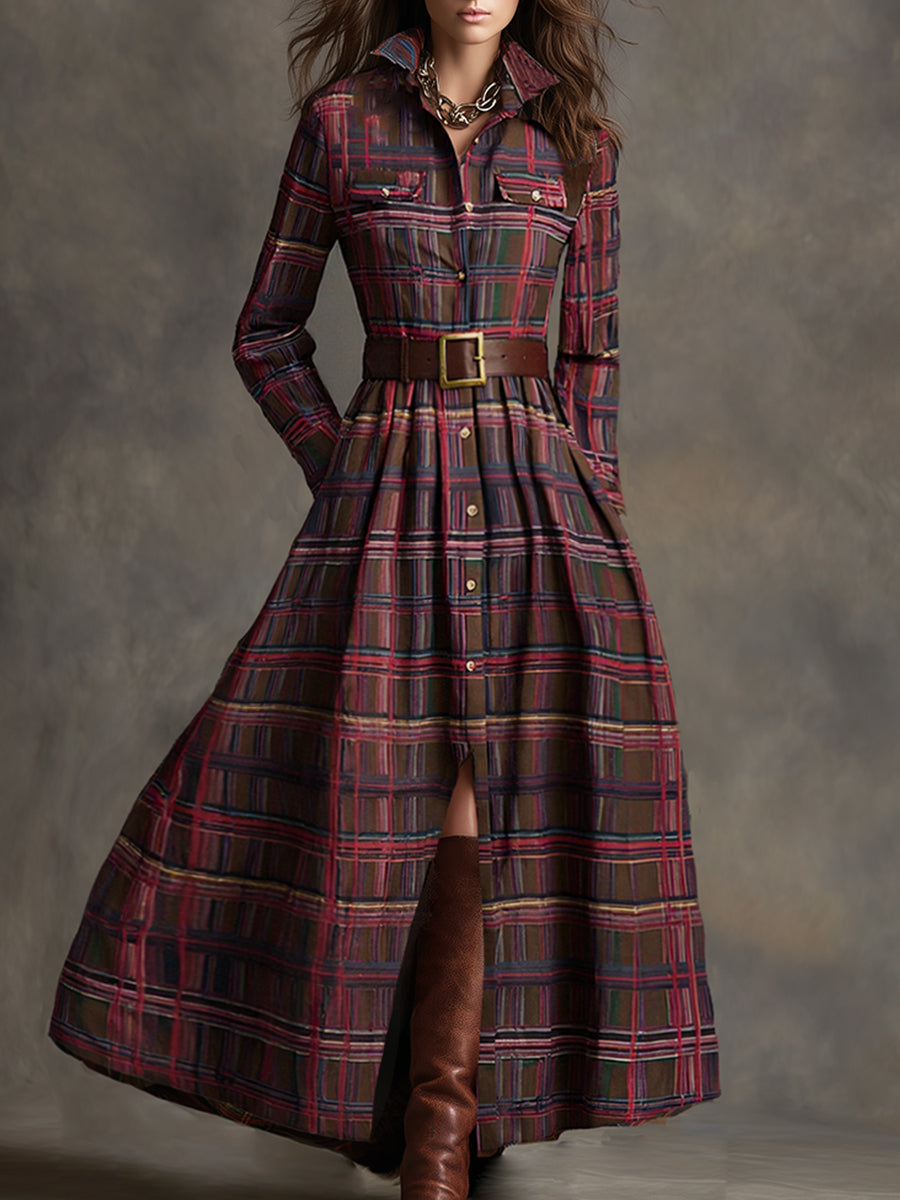 Robe Longue Bohème Ethnique Rétro Quotidien Bureau Carreaux Contrastés Mélange Coton Marron – Reddish Revers