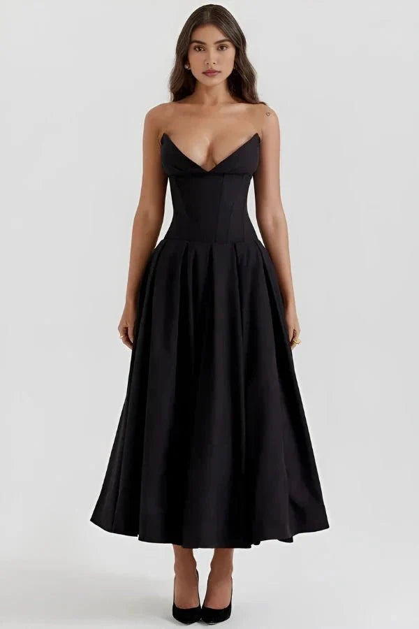 Robe Invitée de Mariage Midi Femme Corsage Sculpté Jupe Volumineuse Élégante Noire – Laarni
