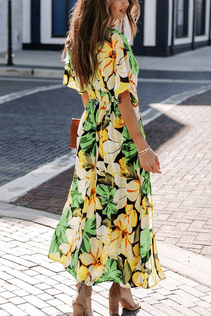 Long Printed Dress for Women – Elegant Bohemian Dress with V-Neck and High Slit