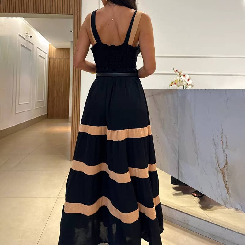 Abito lungo con collo all'americana e cintura – Aurora