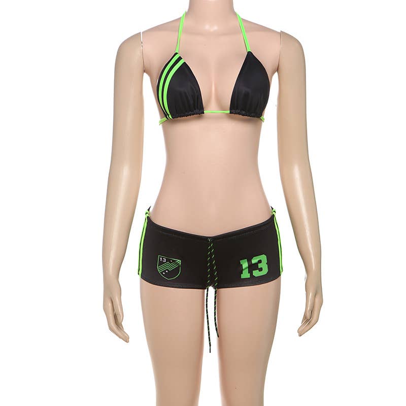 Bikini 2 Piezas Mujer Negro – Top Triángulo Halter & Braguita Shorty con Detalles Verde Neón